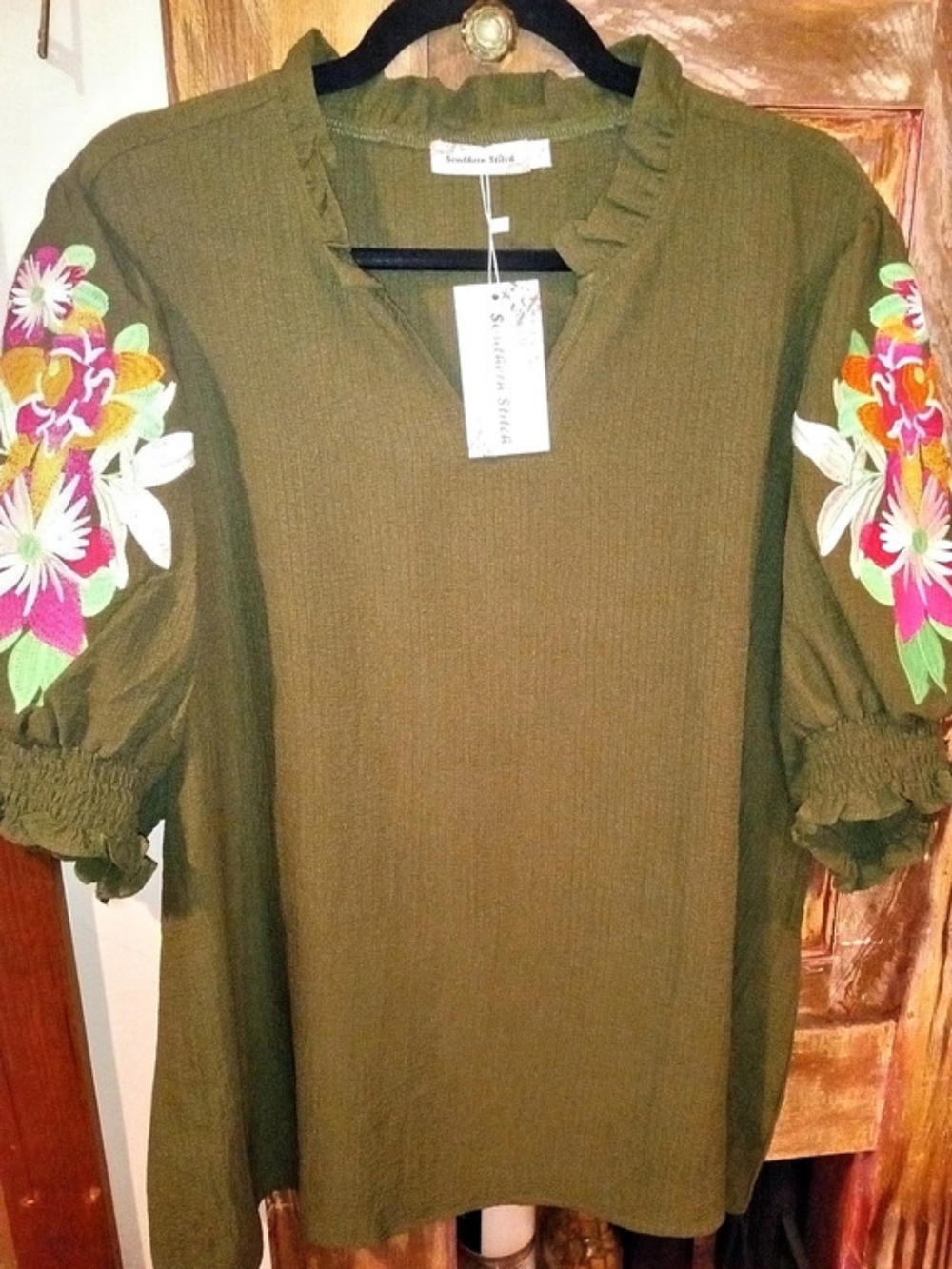 Southern Stitch Green Floral Sleeve Tunic